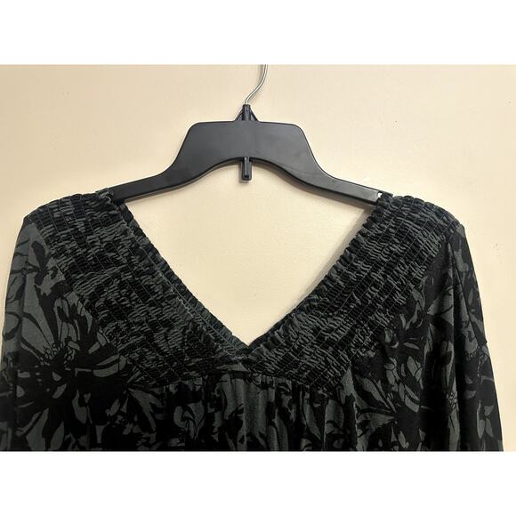 Zac & Rachel Floral Smocked V-Neck Top XL – Black Green Long Sleeve Blouse - Picture 5 of 6